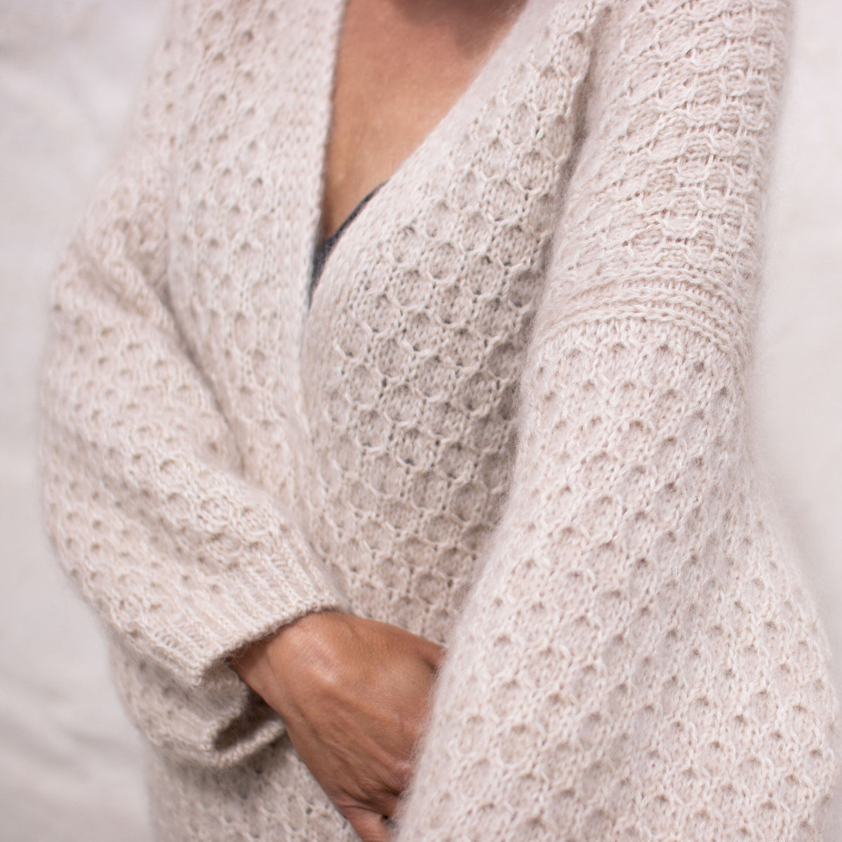 Cardi V-neck sweater by Anne Ventzel, No 2 + Silk mohair yarn kit (ex