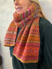 Stella scarf by Ruth Sørensen, No 20 knitting kit|06 Yellow mix (x), 64 Wine red, 92 Brandy, 58 Raspberry, 21 Chestnut (x), 70 Grey - brown mix, 04 Curry yellow, 30 Dusty green