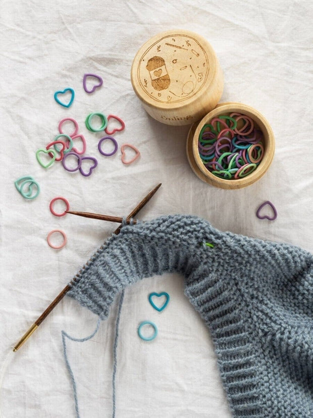 Stitch markers in wooden box