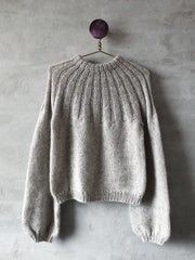 Sunday sweater designed by PetiteKnit, knitted in light beige Önling No 1 sustainable yarn made of merino wool and angora