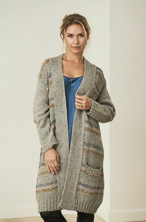 Anouska open and long knitted cardigan, grey with stripes in blue, rose and curry, made in Isager Alpaca and Highland wool, the front