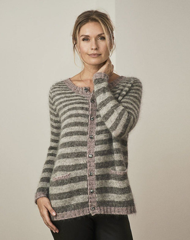 Astrid knitted cardigan with stripes of increasing width, stripes in dark and light grey and rose edges, made in Isager Alpaca and silk mohair, the front