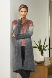 Aud long knitted cardigan with dip dye color change ranging from red at the top to dark grey at the bottom, made in Isager Spinni, the front