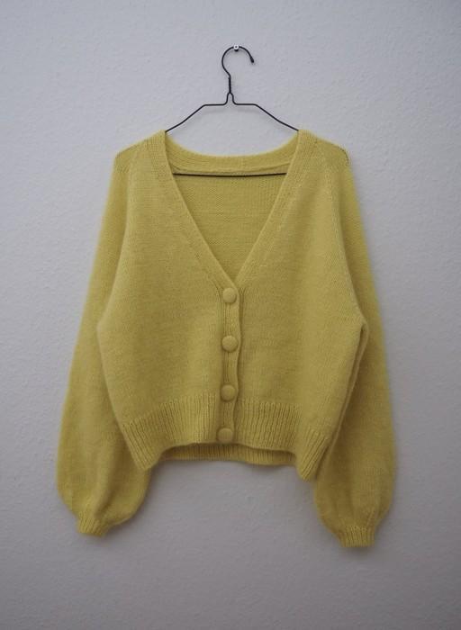 Balloon cardigan designed by Petiteknit, yellow knitted sweater