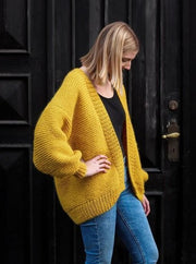 Balloon Jacket designed by PetiteKnit, yellow knitted cardigan or jacket with large balloon shaped sleeves,
