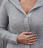 Becky grey knitted cardigan or jacket with beautiful cable edges and collar, made in Isager Alpaca and Highland wool, detail picture