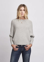 Benedicte sweater with bat (dolman) sleeves, knitted in light grey Önling no 2, 100% merino wool.