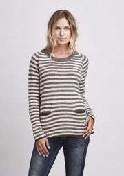 Bernadette knitted sweater with pockets and stripes, knitted in grey Önling yarn.