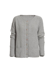 Classic knitted light grey cardigan with liberty buttons and pockets, made in Önling no 1 merino wool, the front