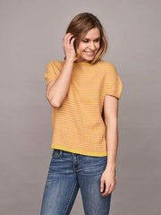 Cassandra top with stripes, knitted in Önling no 2 merinowool, rose and yellow, on model