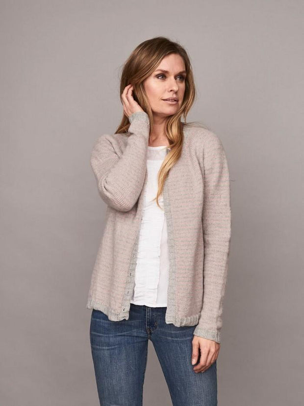 Charlie cardigan, classic striped cardigan knitted in Önling no 2 merino wool, grey and light pink