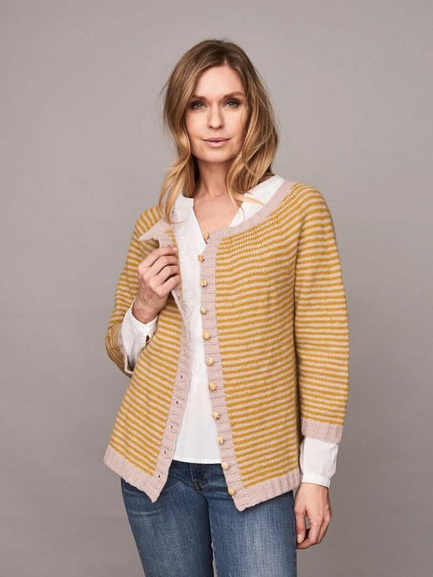 Charlie cardigan, classic striped cardigan knitted in Önling no 2 merino wool, rose and yellow