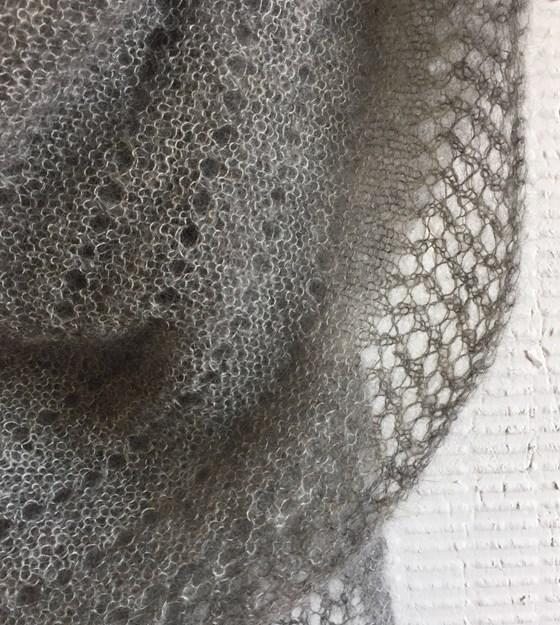 Cloud super light knitted shawl with lace pattern, made in grey Silk Mohair, detail picture of lace pattern