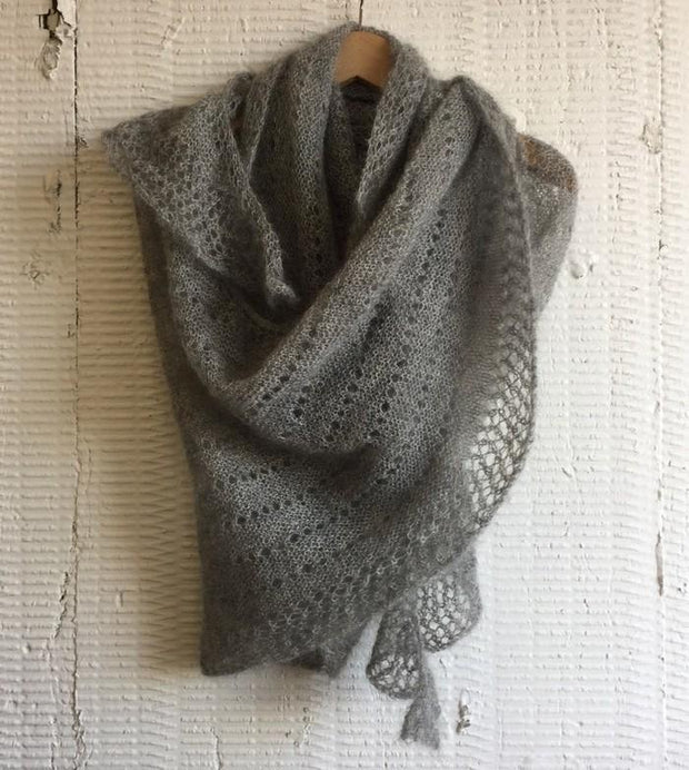 Cloud super light knitted shawl with lace pattern, made in grey Silk Mohair