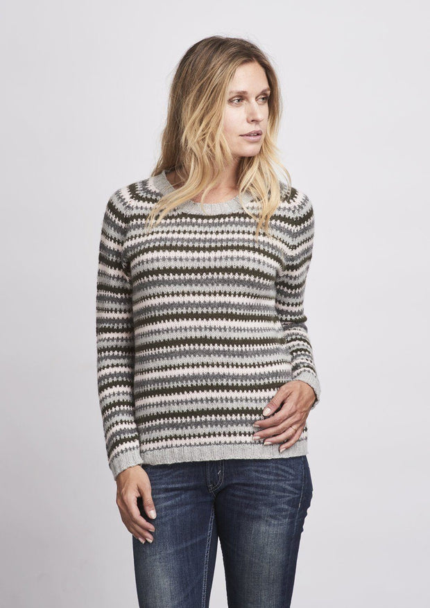 Cornelia colorful sweater with a cool graphic pattern in pink, light grey, dark grey and army green, made in Önling No 2 merino wool
