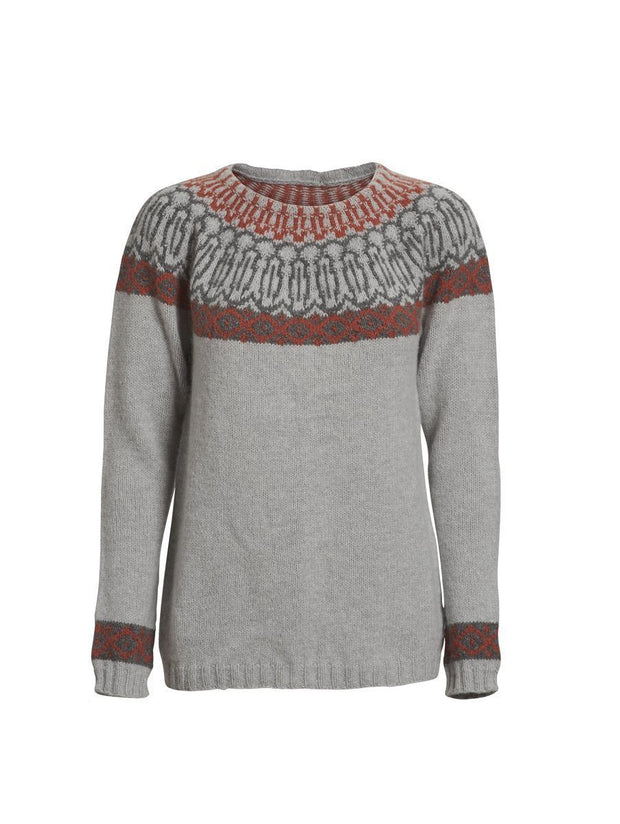 Dagrid icelandic knitted sweater in light grey with pattern in rust red and dark grey, made in Önling no 1 merino wool