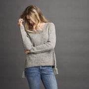 Dagmar classic, knitted grey sweater with braids at the sides, made in Isager alpaca and spinni wool, the front