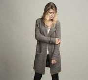 Dakkar long, open and cozy knitted cardigan with narrow grey and brown stripes, made in Isager Alpaca, Highland wool and silk mohair, the front