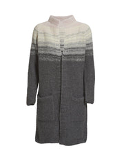  Long and cozy knitted cardigan with dip dye color change from light rose to dark grey, knitted at large needles with Önling no 2 merino wool