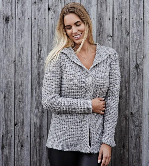 Becky grey knitted cardigan or jacket with beautiful cable edges and collar, made in Isager Alpaca and Highland wool, the front