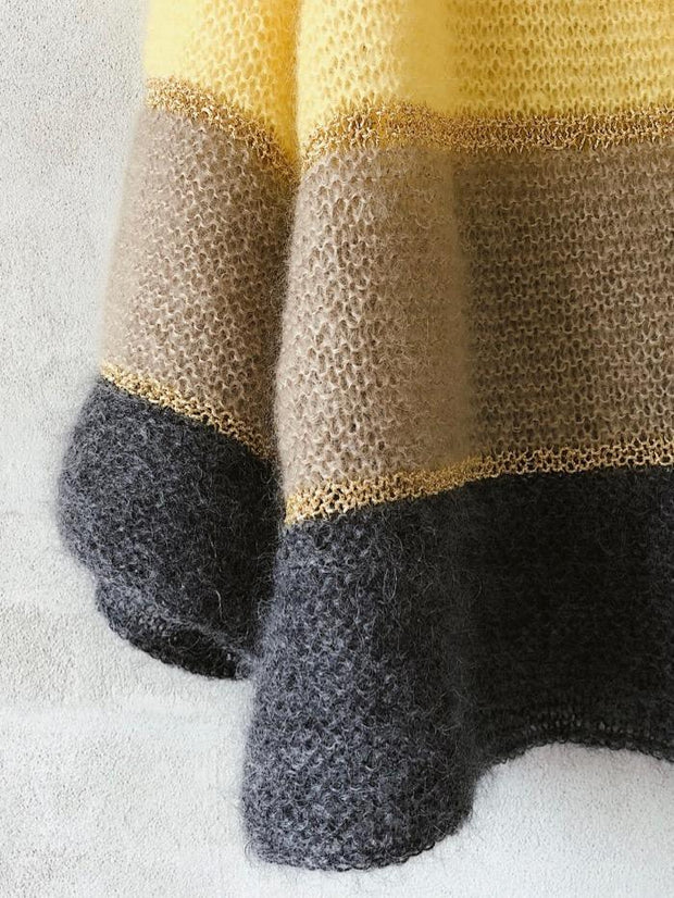 Knitting pattern for striped Shiruku Kimono, in silk mohair and shiny glitter yarn from Krea Deluxe