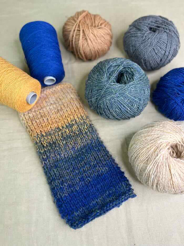 Iridia sweater by Önling, knitting kit ex silk mohair | Sunflower (22), Cobalt blue (12), 90 Oats, 109 Casmen, 101 Pigeon blue, 79 Lead grey (x), 47 Sea blue