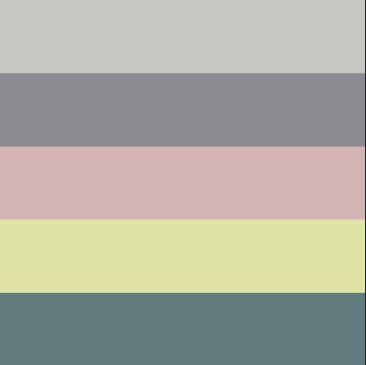 Stella scarf by Ruth Sørensen, No 20 knitting kit, Sandvig|79 Lead grey (x), 77 Silver grey, 36 Green-grey mix, 90 Oats, 62 Dusty rose, 29 Spring green, 25 Avocado (x), 33 Apple green