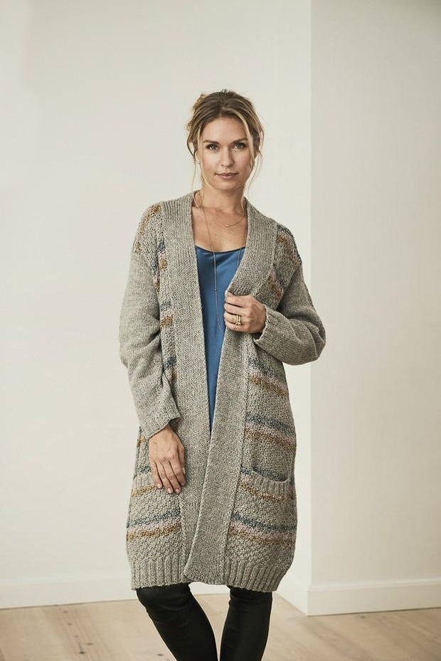 Anouska long knitted cardigan with stripes, knitted in grey, blue, rose and curry Isager Alpaca and Highland Wool yarn